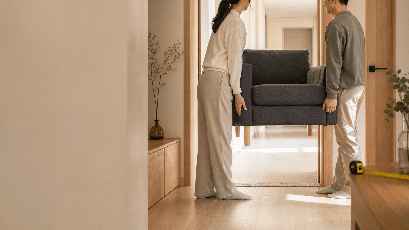 Two people moving a sofa through an apartment doorway